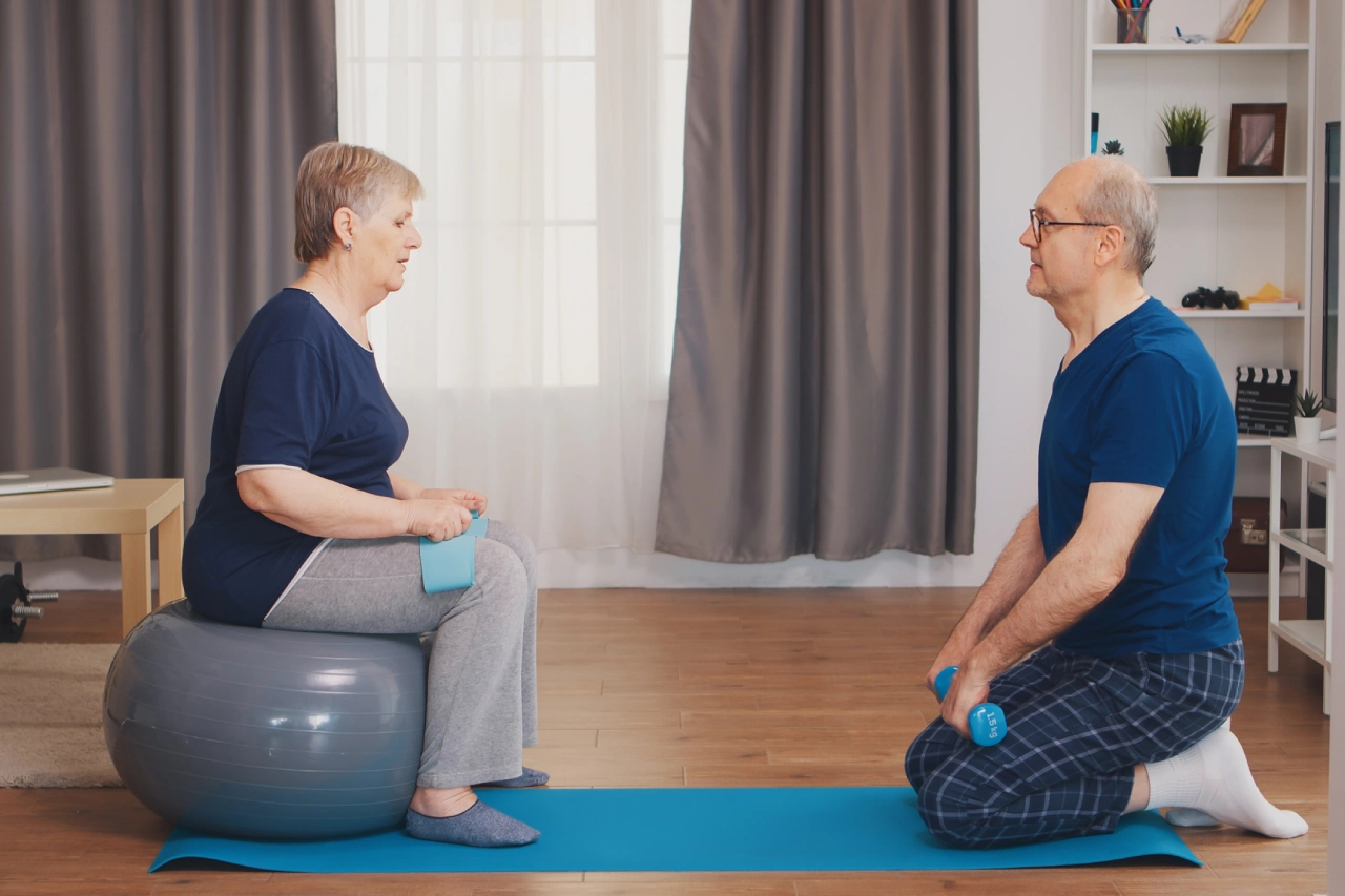 Elderly couple doing indoor fitness routine